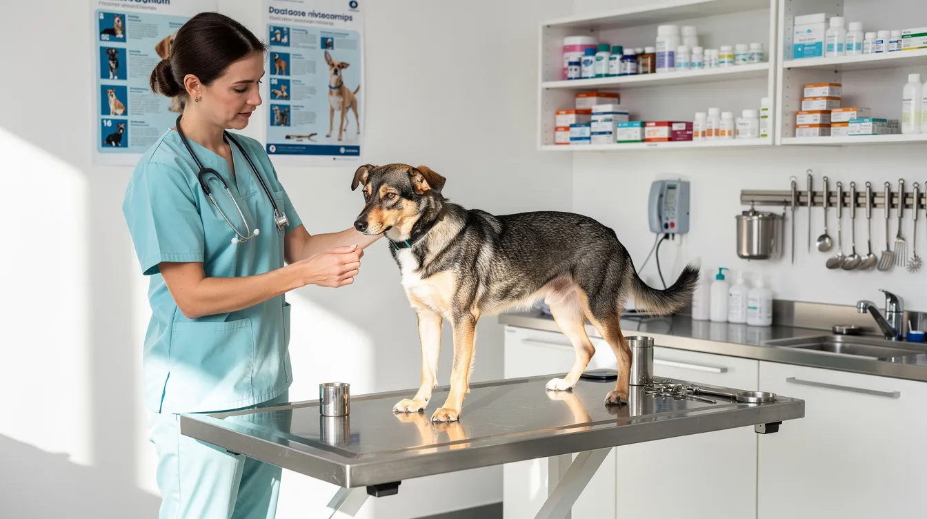 A veterinarian is examining a medium-sized mixed breed dog on an exam table in a clinic, checking for health issues such as diabetes mellitus or Cushing's disease that could explain the dog's increased appetite and other symptoms. The vet conducts a physical exam and discusses the dog's behavior, including any sudden changes in appetite or weight loss, to determine the underlying cause of the dog's health concerns.