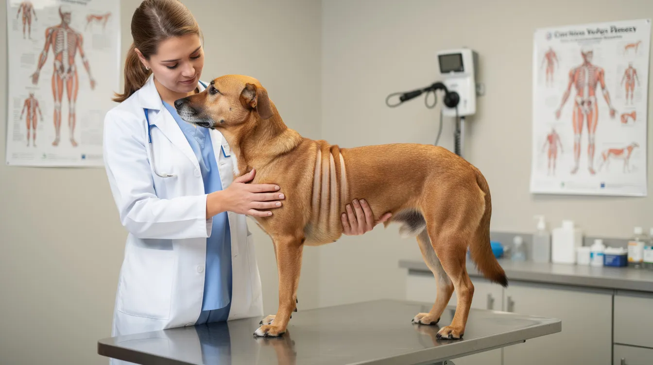 A veterinarian is gently assessing a medium-sized dog's ribcage in a clinic exam room to determine its body condition score and ensure it maintains a healthy weight. This evaluation helps in calculating the dog's caloric needs and adjusting its diet for optimal health.