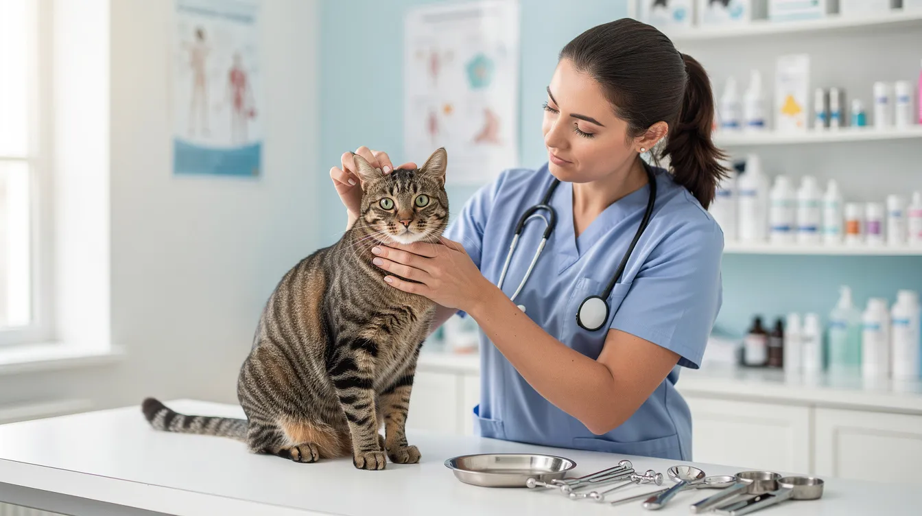 A veterinarian is gently examining a calm tabby cat on an exam table in a bright clinic, ensuring the cat's health and discussing how to help overweight cats lose weight through a proper diet and exercise plan. The setting reflects a caring environment focused on the overall wellness of pet cats.