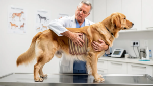A veterinarian is gently examining a golden retriever's ribcage to assess its body condition during a routine check-up in a clinic exam room. This process is crucial for identifying any potential health risks associated with excess body weight and ensuring the dog maintains an ideal body weight for a healthier life.