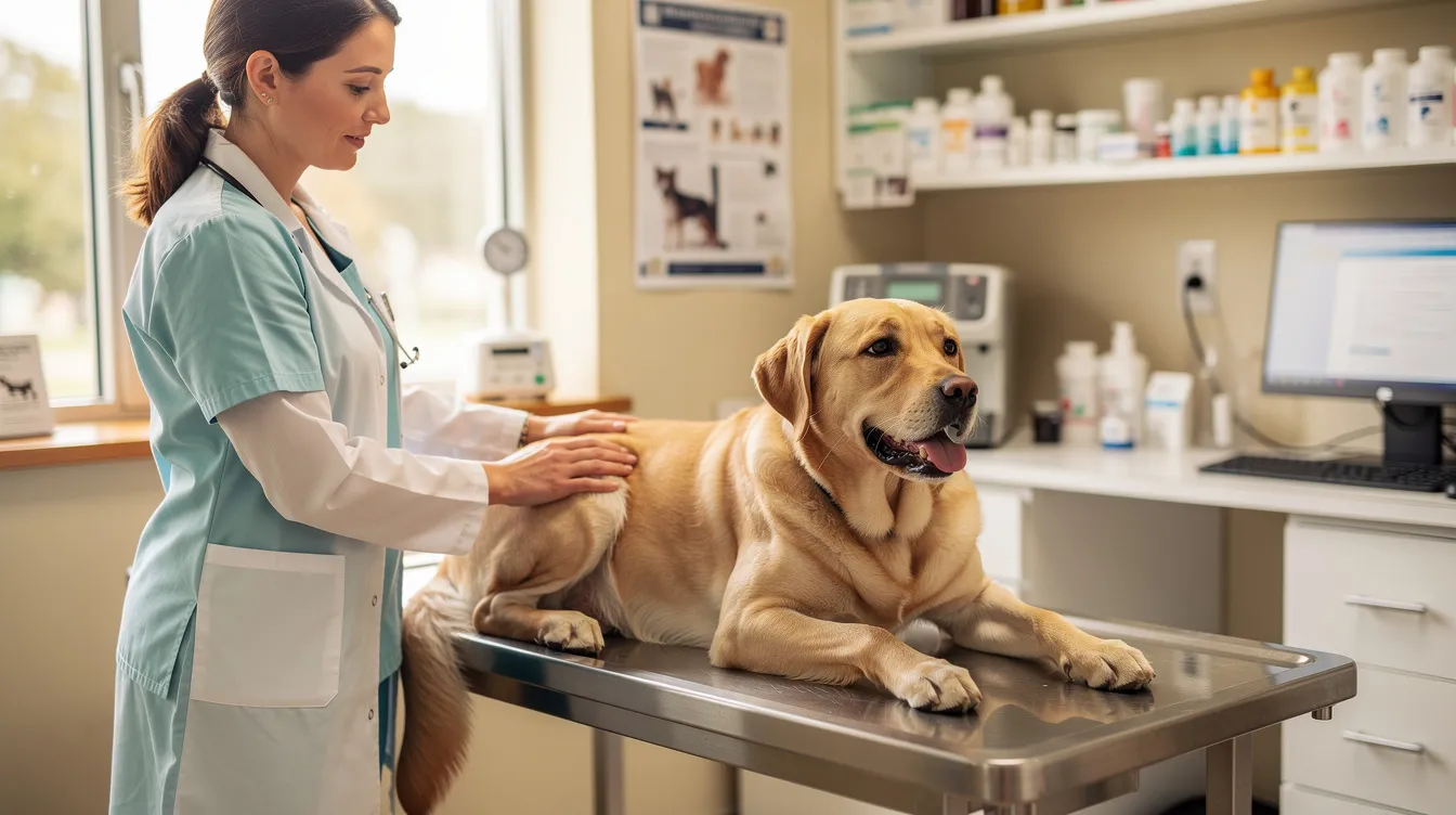 A veterinarian is gently examining a large breed dog on an examination table, with the dog appearing relaxed and calm. This scene highlights the importance of regular veterinary check-ups for assessing thyroid function and diagnosing conditions like hypothyroidism in dogs, which can lead to unexplained weight gain and other health issues.