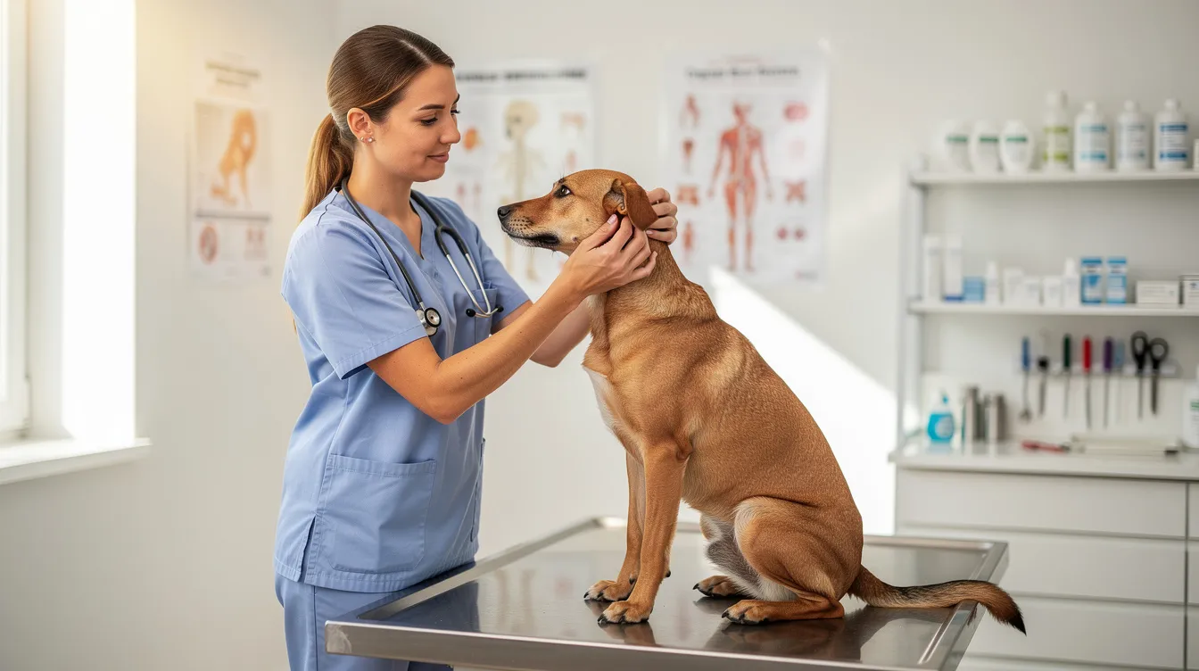 A veterinarian is gently examining an overweight dog on an examination table in a clinic, focusing on its body condition score to assess the dog's weight management and overall health. This examination is crucial for developing a weight loss program that can significantly improve the dog's quality of life and joint health.