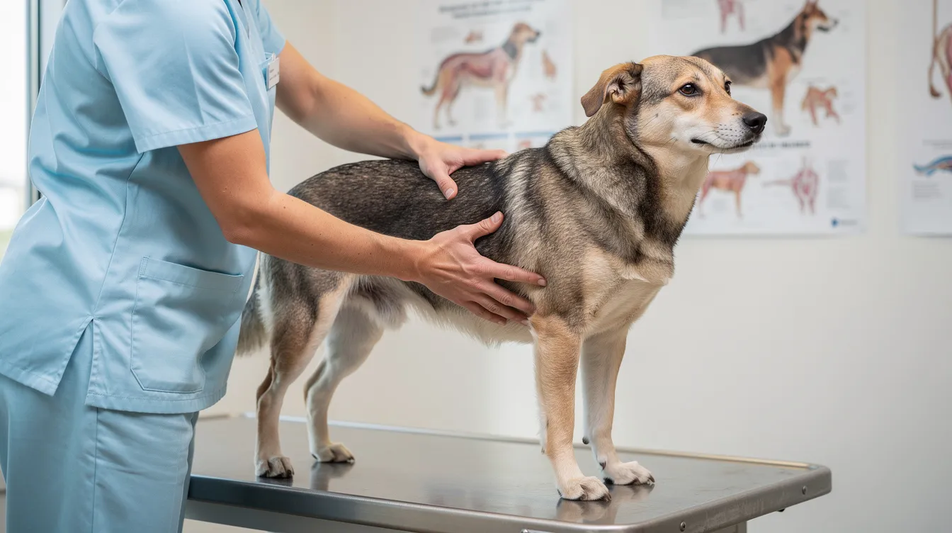 A veterinarian is gently palpating the ribcage of a medium-sized mixed breed dog during a body condition assessment, focusing on the pet's weight to ensure it maintains a healthy weight. This evaluation is crucial for preventing unwanted weight gain and managing the dog's overall health, especially in neutered pets.