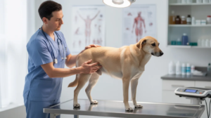 A veterinarian is gently palpating the ribs of a medium-sized mixed breed dog to assess its body condition during a veterinary assessment. This examination helps pet owners determine the dog's weight and overall health, guiding them in creating a weight loss plan if needed for overweight pets.