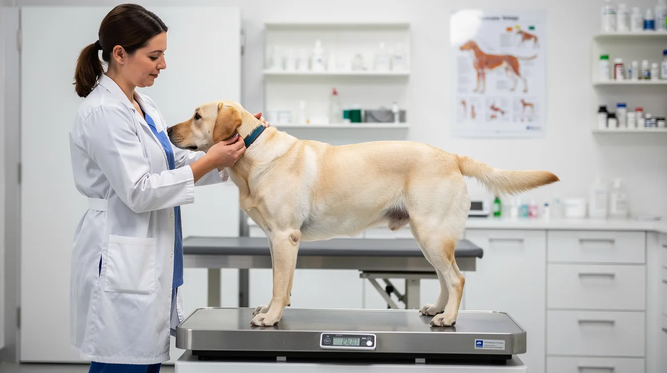 A veterinarian is weighing a Labrador retriever on a veterinary scale in a clinical setting, focusing on the dog's weight management and overall well-being. This scene highlights the importance of portion control and healthy treat choices for overweight pets, emphasizing the need for low-calorie options like fresh vegetables and lean proteins in their diet.
