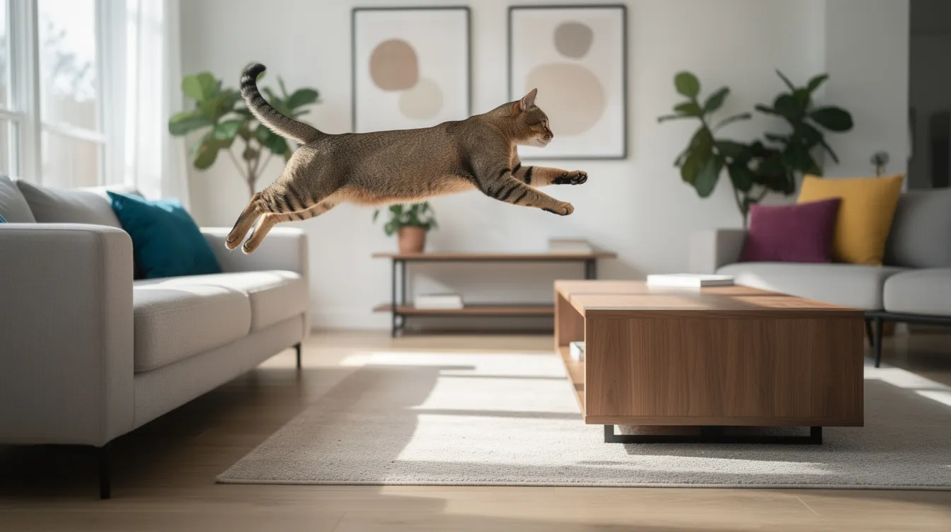 An agile cat is captured mid-jump between two pieces of furniture in a bright living room, showcasing its athleticism and playful nature. This image highlights the importance of physical activity for maintaining a healthy weight in cats, as obesity in cats can lead to serious health risks and decreased life expectancy.