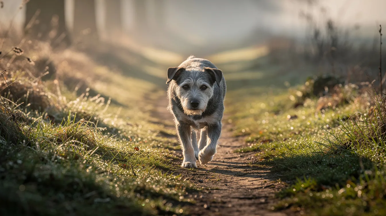 An older small-breed dog is walking slowly along a shaded grassy path, illuminated by the soft early morning light. This leisurely stroll is a gentle form of physical exercise, essential for maintaining a healthy weight and preventing further weight gain in overweight or obese dogs.