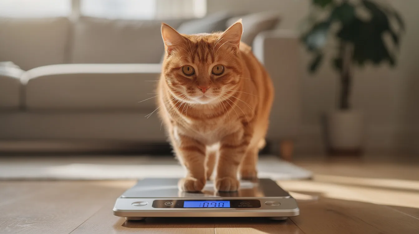 An orange cat is standing on a small digital pet scale at home, indicating its current weight as part of a weight loss program to help manage its health and achieve a healthy weight. This scene highlights the importance of monitoring a cat's weight to prevent obesity and related health issues.