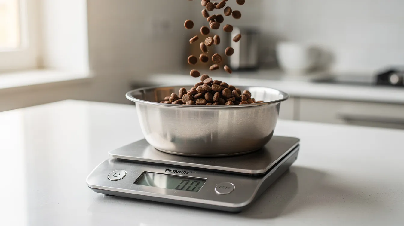 The image shows a kitchen scale measuring dry dog food kibble being poured into a bowl, highlighting the importance of portion control for a dog's health. Proper feeding can help manage conditions like diabetes mellitus and ensure a healthy weight for your pet.
