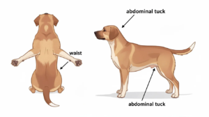 The image shows a medium-sized dog viewed from above and from the side, highlighting its visible waist and abdominal tuck, indicating a healthy weight. This representation emphasizes the importance of a balanced diet and exercise plan for dogs to lose weight and maintain overall health.